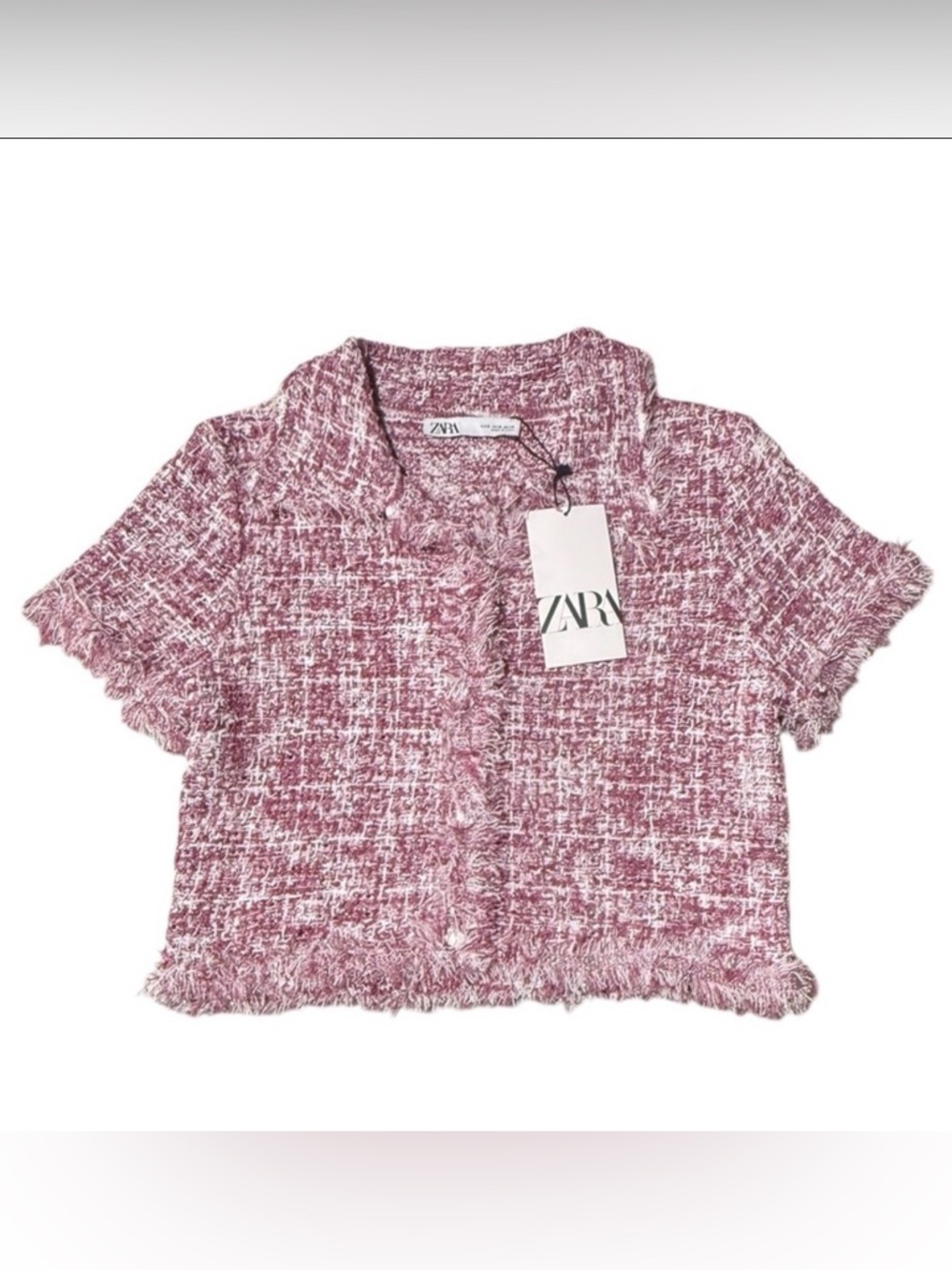 NWT ZARA Pink Tweed w/ Metallic Thread Frayed Hem Detail Button Front Crop Top